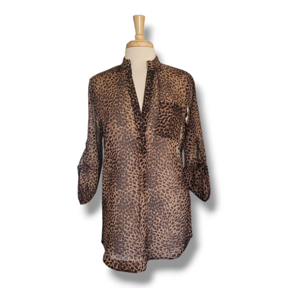 Sheer Animal Print V-Neck Blouse with Mandarin Collar. By Mix & Co. Size Medium - Picture 2 of 9